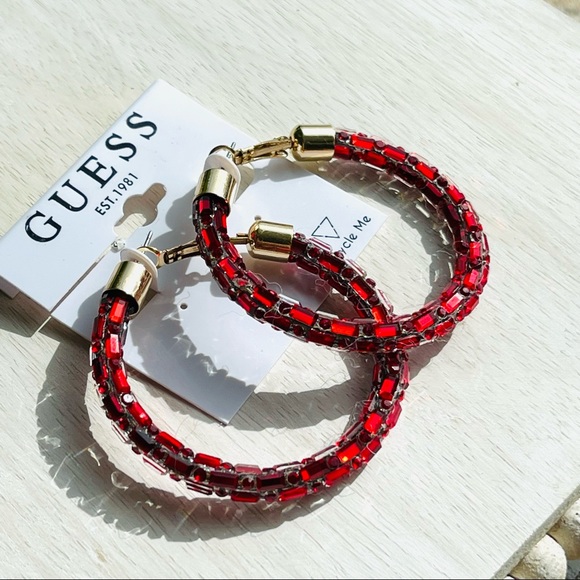 🌟🌟SOLD GUESS large hoop funky ENCRUSTED CRYSTAL BEADED earrings quirky RED a G - Picture 8 of 8